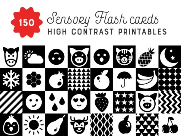 150 High Contrast Sensory Flash Cards | Baby Visual Stimulation | Black & White Printable | Montessori Newborn Cards | PDF Download